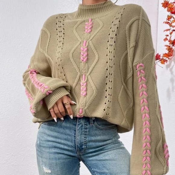 MODA ME COUTURE Sweaters - Tan Mockneck Lace-up Pointelle Knit Sweater Top